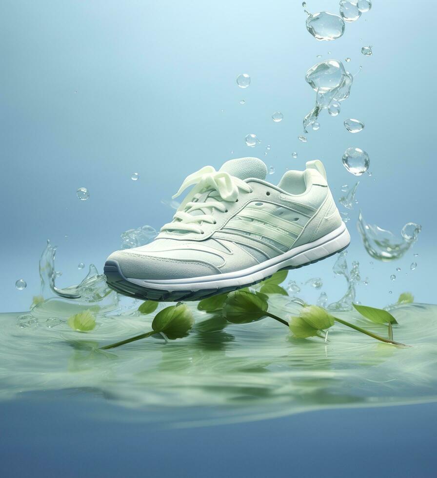 Fresh fly running shoes in water and wind in the style of natural patterns light white and light indigo ethereal illustration light blue and light green delicate still life. AI Generative photo