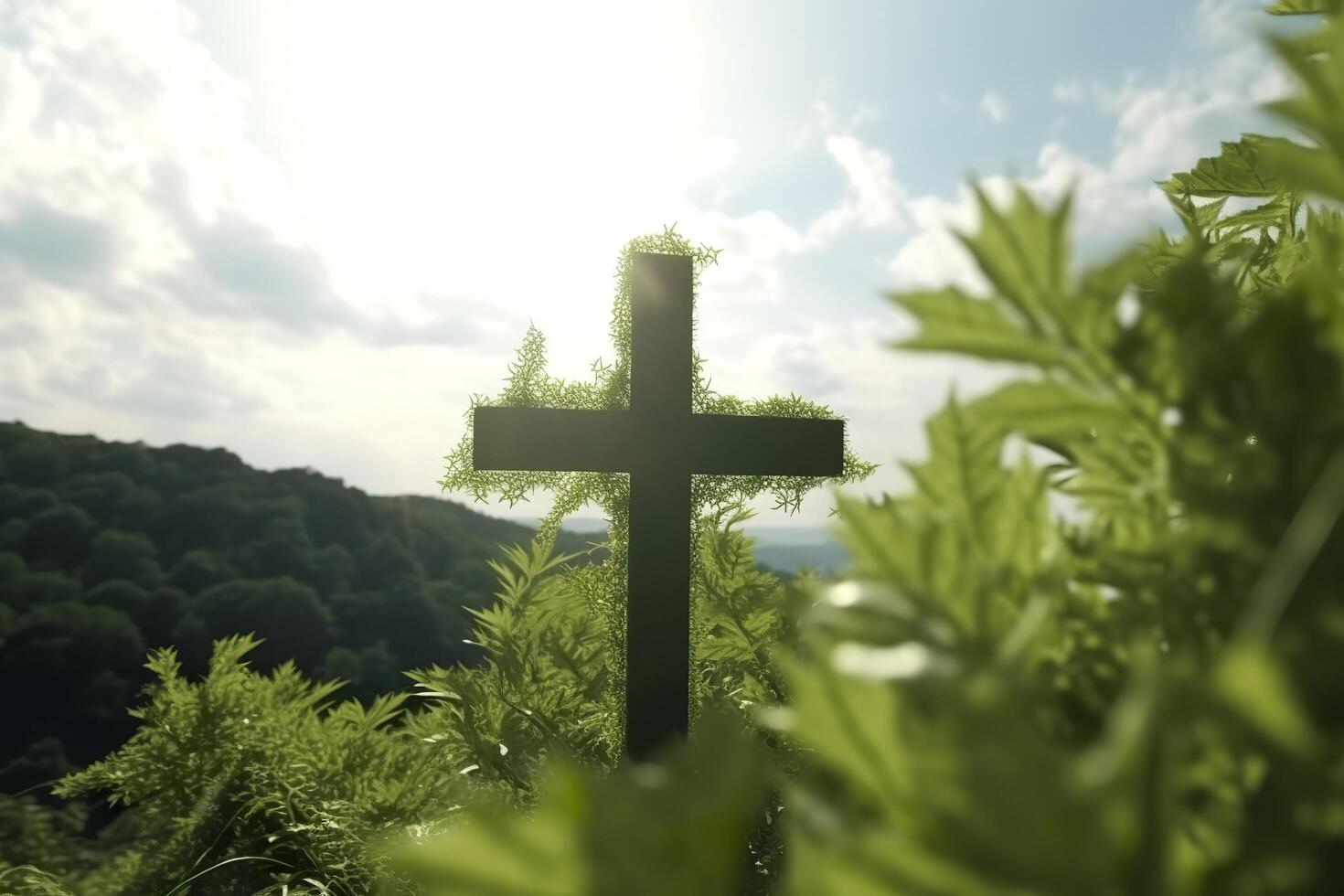 The cross of God with green Leaf, in the rays of the sun and blue sky. Cross on the hill with green trees and graeen natural view. Religious concept, AI Generative photo