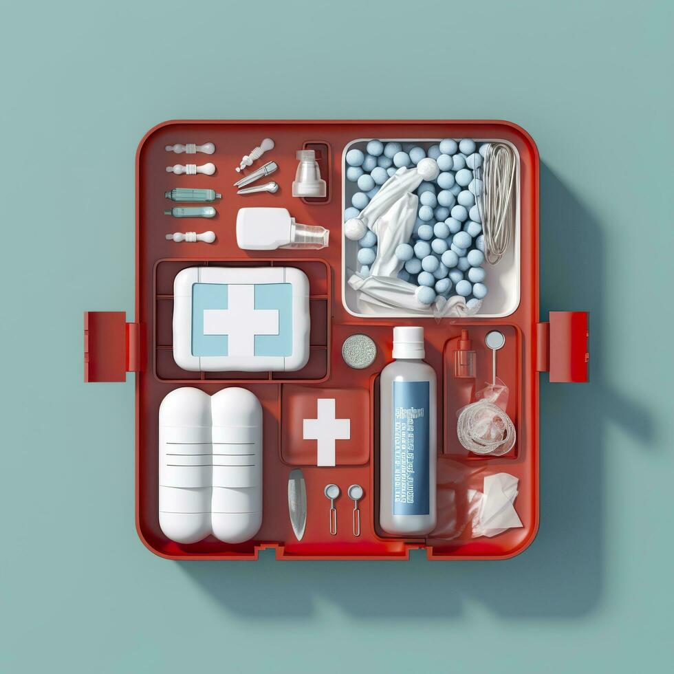 First aid kit top view on a blue background. Pills, plaster, thermometer, bandage, are laid out nearby, 3d render, AI Generative photo