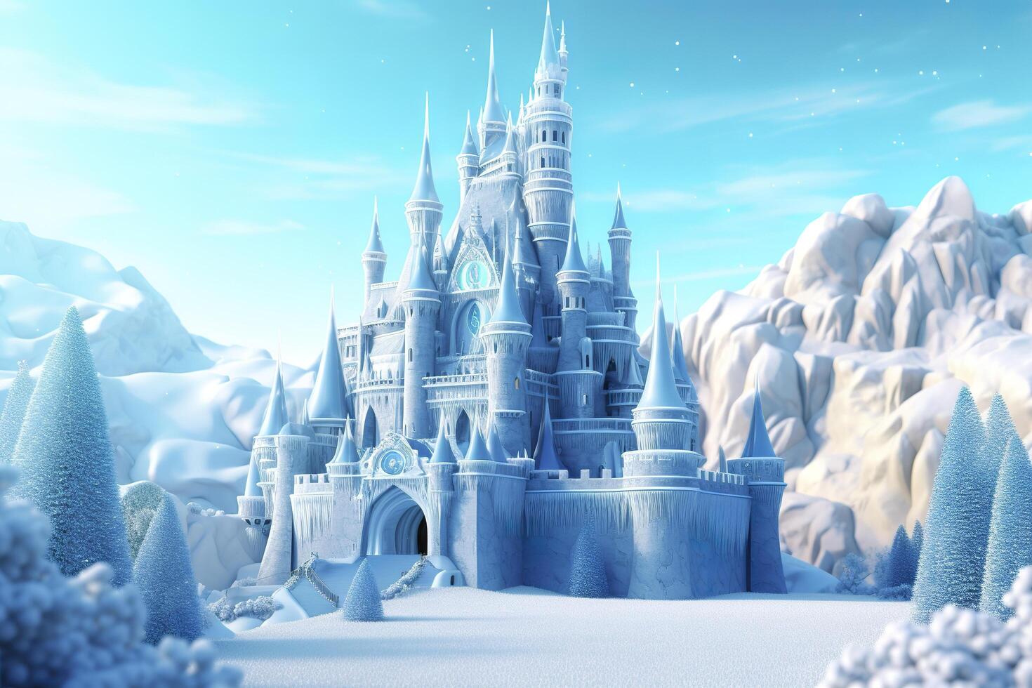 Cute blue Magic Ice Castle. Fantasy snowy landscape. Winter castle on the mountain, winter forest. AI Generative photo