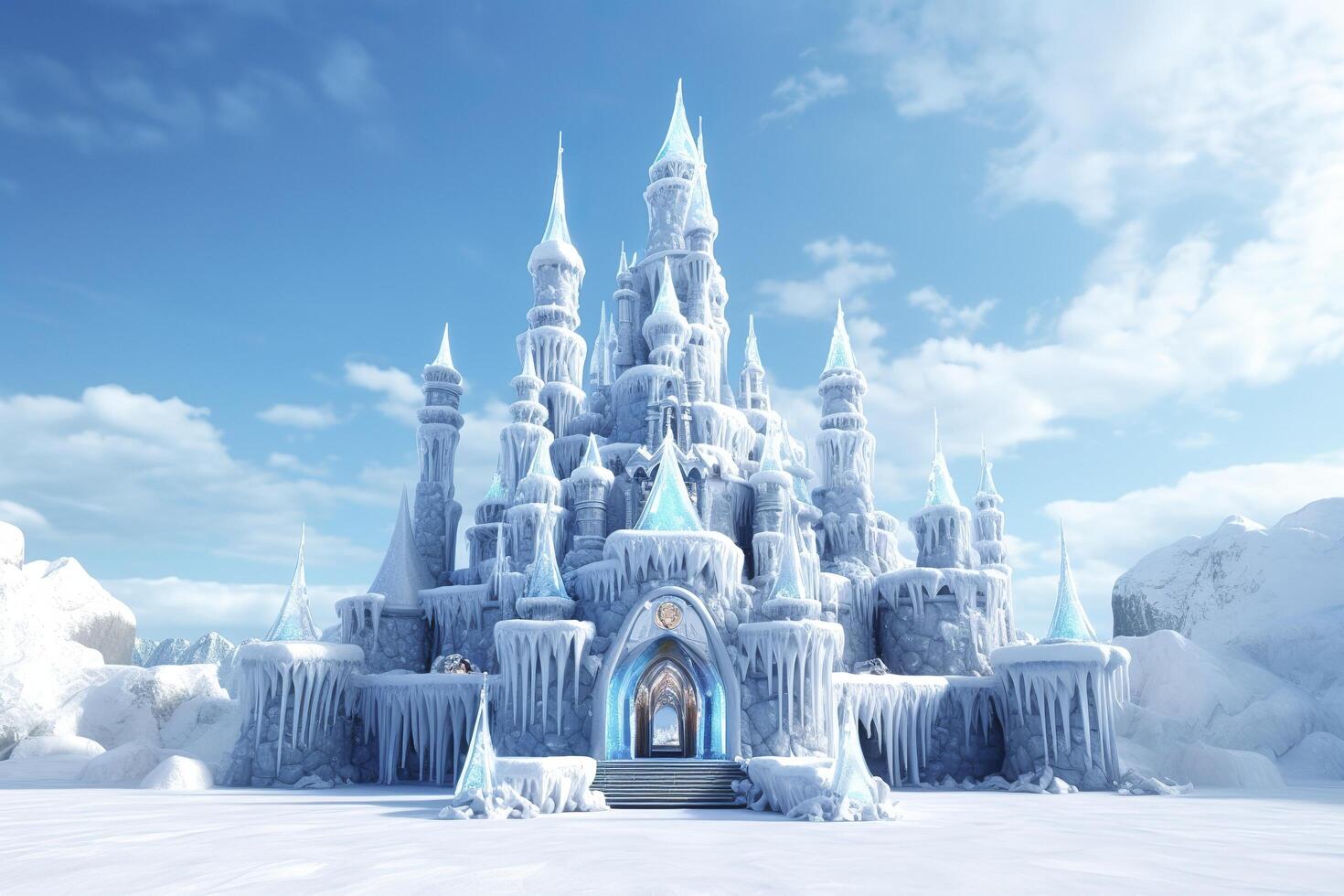 Cute blue Magic Ice Castle. Fantasy snowy landscape. Winter castle on the mountain, winter forest. AI Generative photo