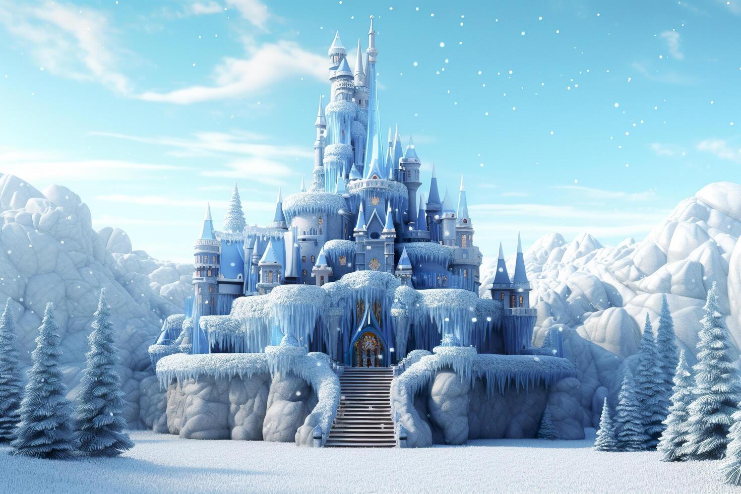 Cute blue Magic Ice Castle. Fantasy snowy landscape. Winter castle on the mountain, winter forest. AI Generative photo