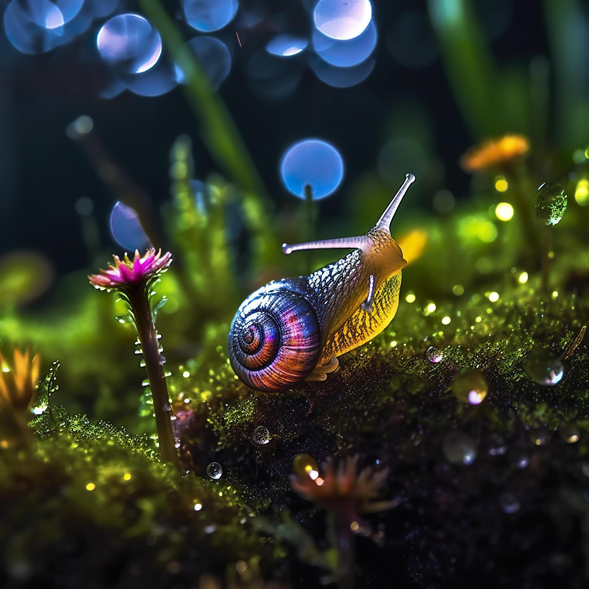 Iridescent Snail in a Fairy Forest, Close Up of a Shimmering Shell. AI