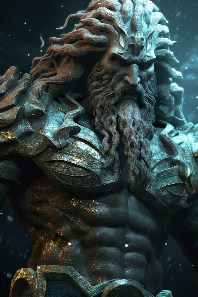 el Dioses de el mar Zeus Dios necronomicón Dioses de el mar dios, futurista, ciencia ficción elementos, oscuro bronce y ligero azur, cerca arriba, ai generativo foto