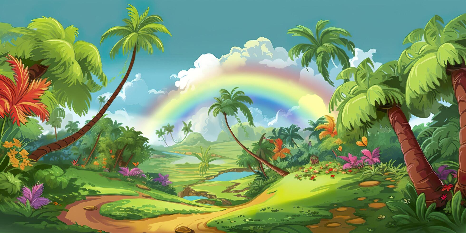 A Cartoon Children Page with a Rainbow and Palm Trees. A Fun and Educational Adventure. AI Generative photo