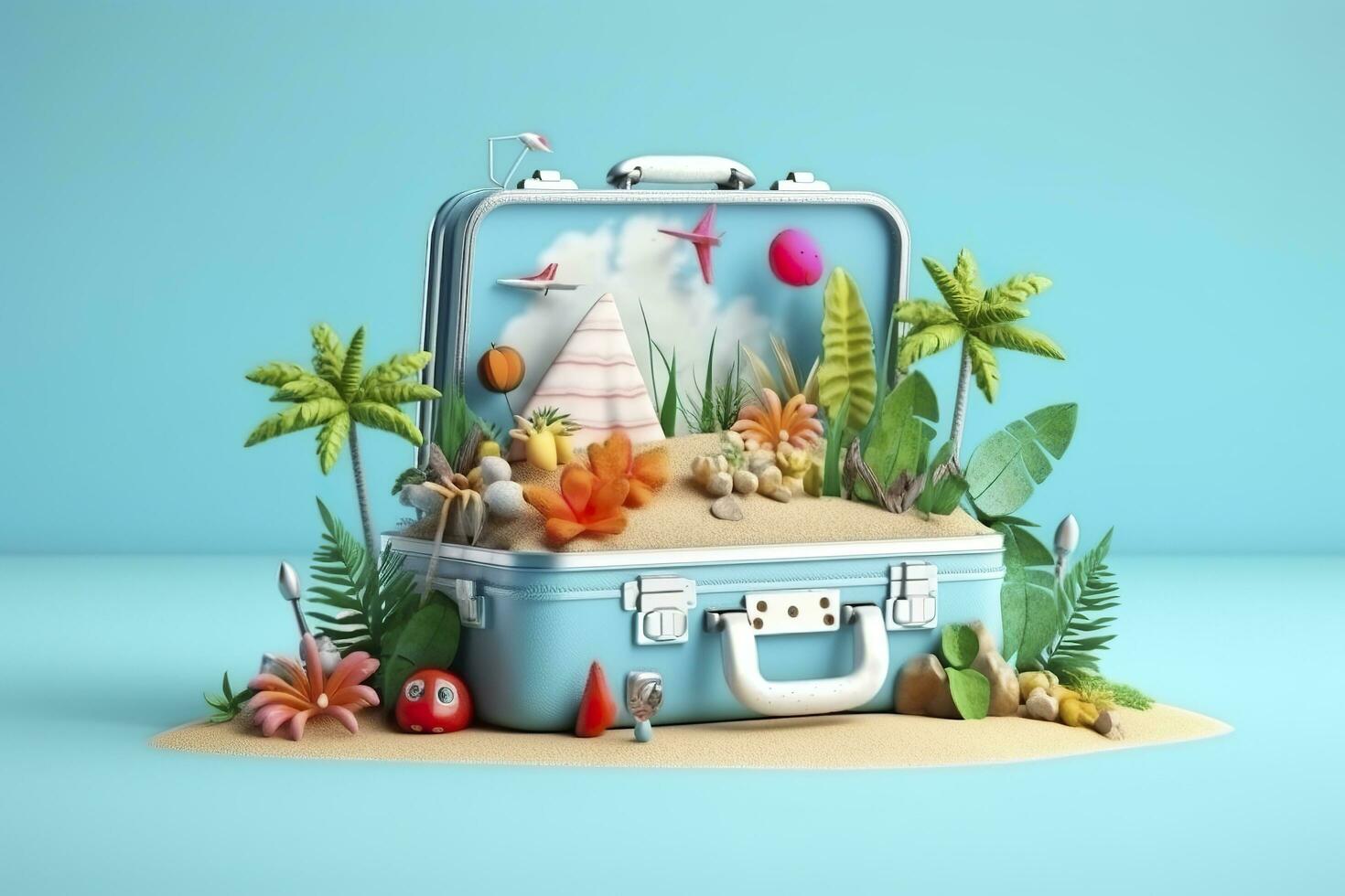 Creative Summer Beach Composition in Suitcase on Blue Background, A Travel Concept Idea in 3D Rendering. AI Generative photo