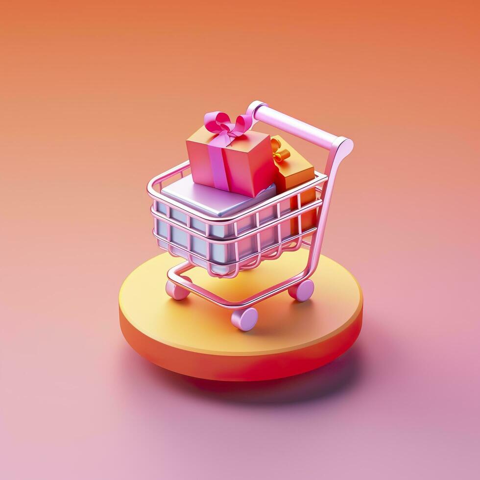 Light Orange and Pink Shopping Cart with Gift Box Icon. AI Generative photo