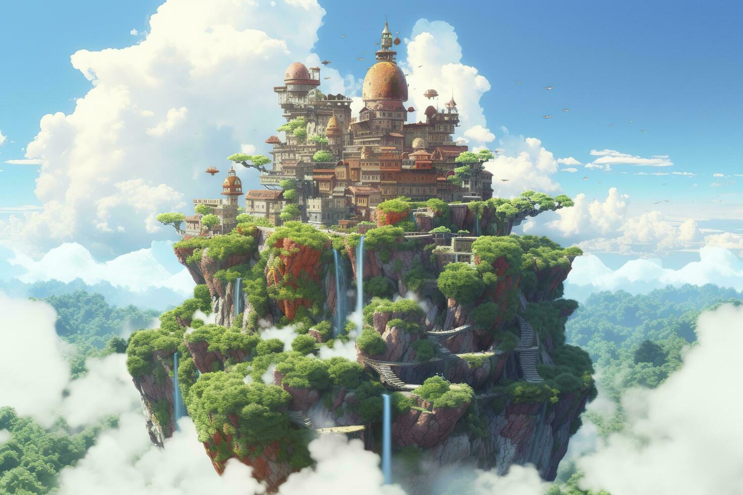 Ancient Heavenly Floating island in the sky with a castle, vibrant, fantasypunk, AI Generative photo