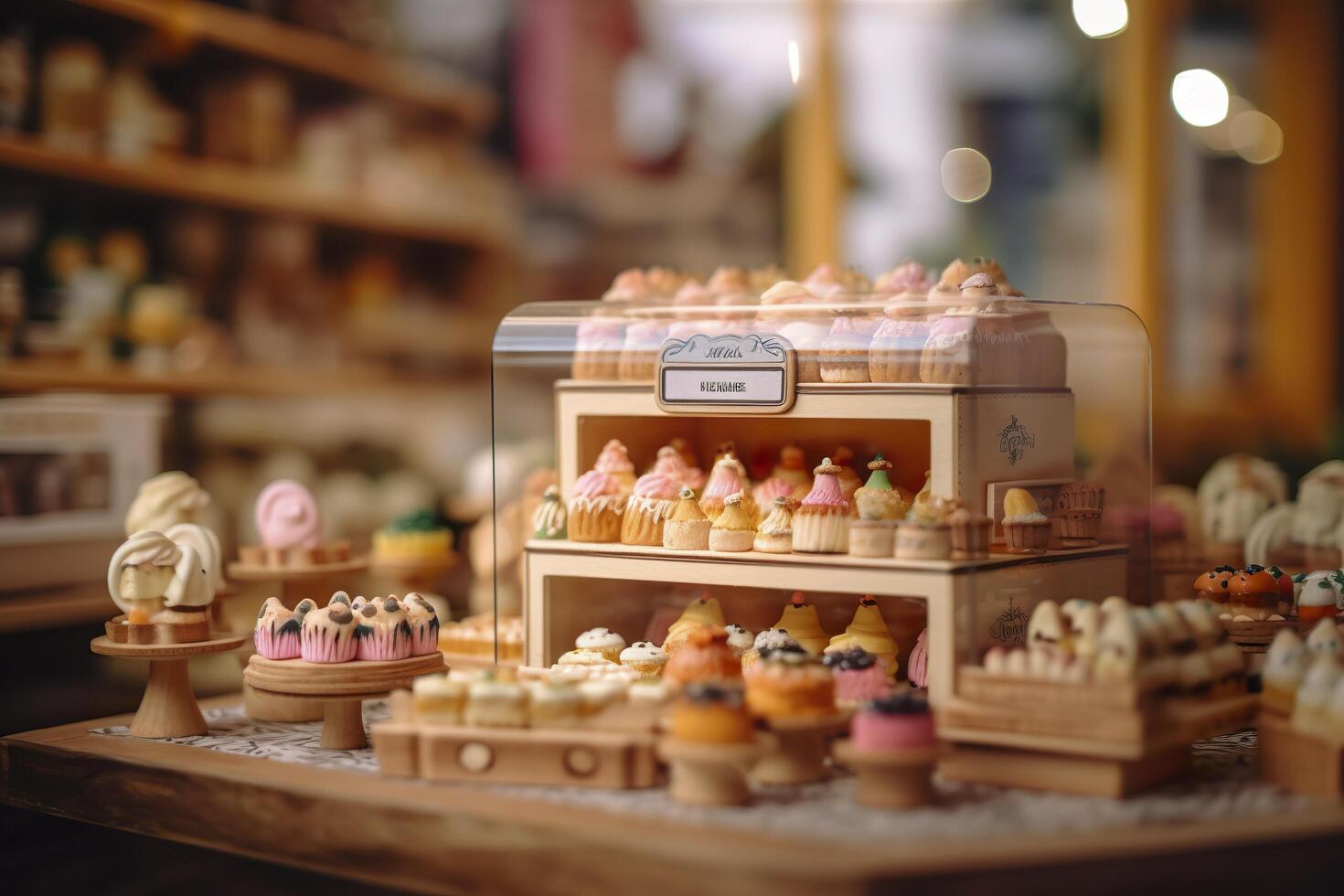 un gusto de dulzura. un popular mercado caja ciega pastel tienda con un limpiar antecedentes. ai generativo foto