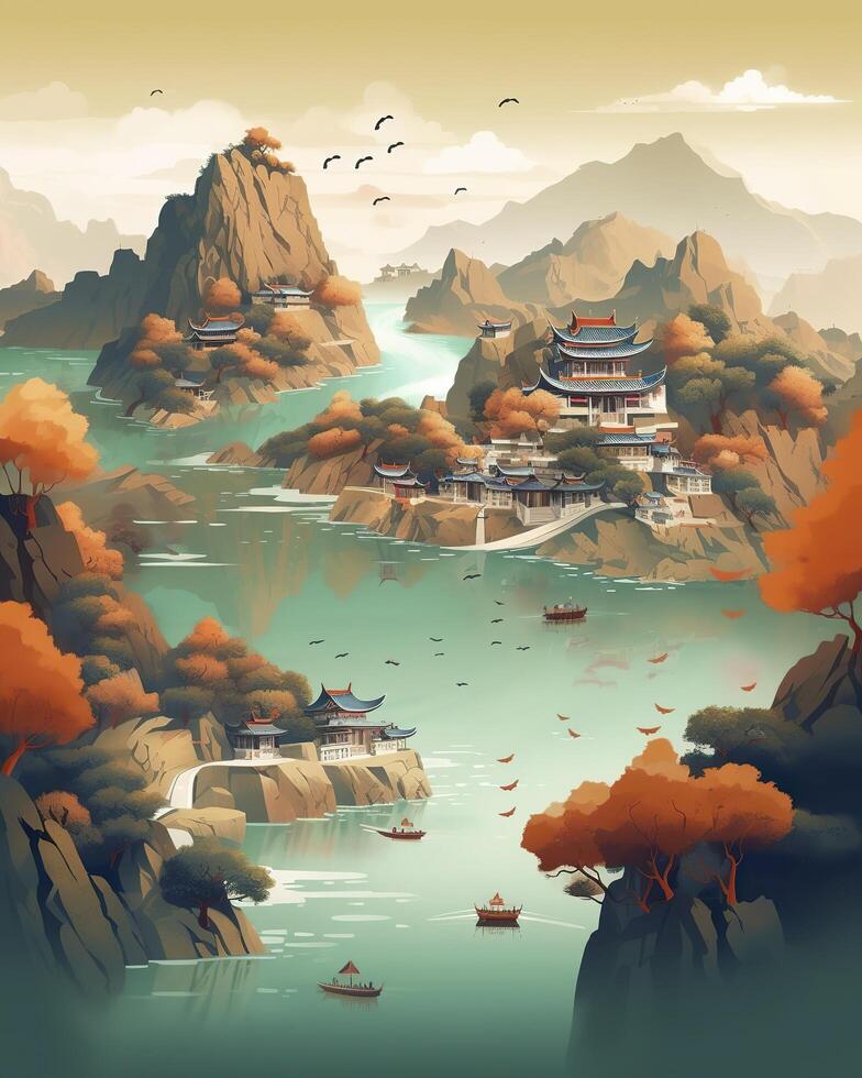 Chinese landscape mapdistant mountains flat illustration. Generative AI photo