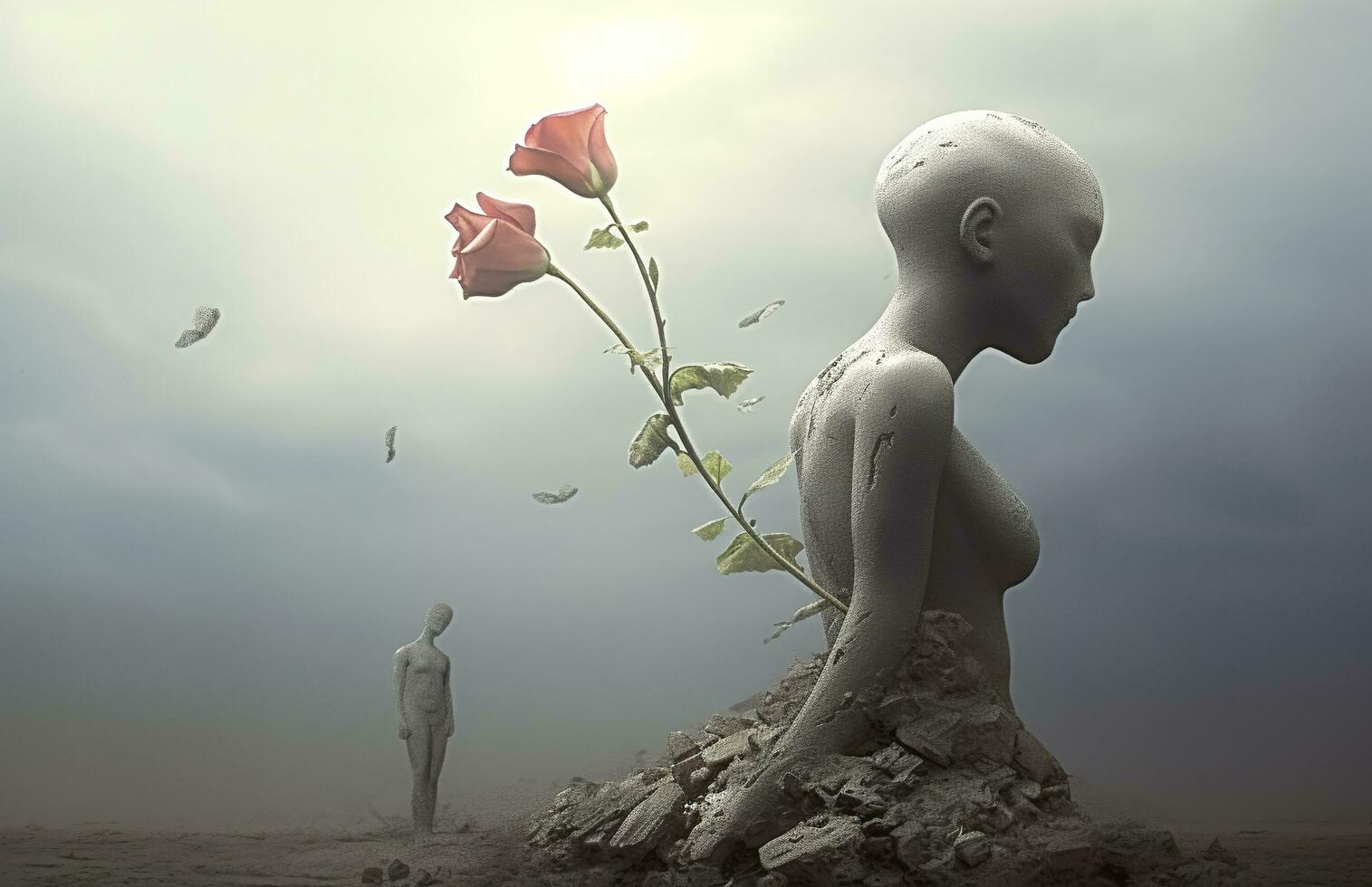 Life and freedom and hope concept , Imagination of surreal scene flower with broken human sculpture, digital artwork illustration. AI Generative photo
