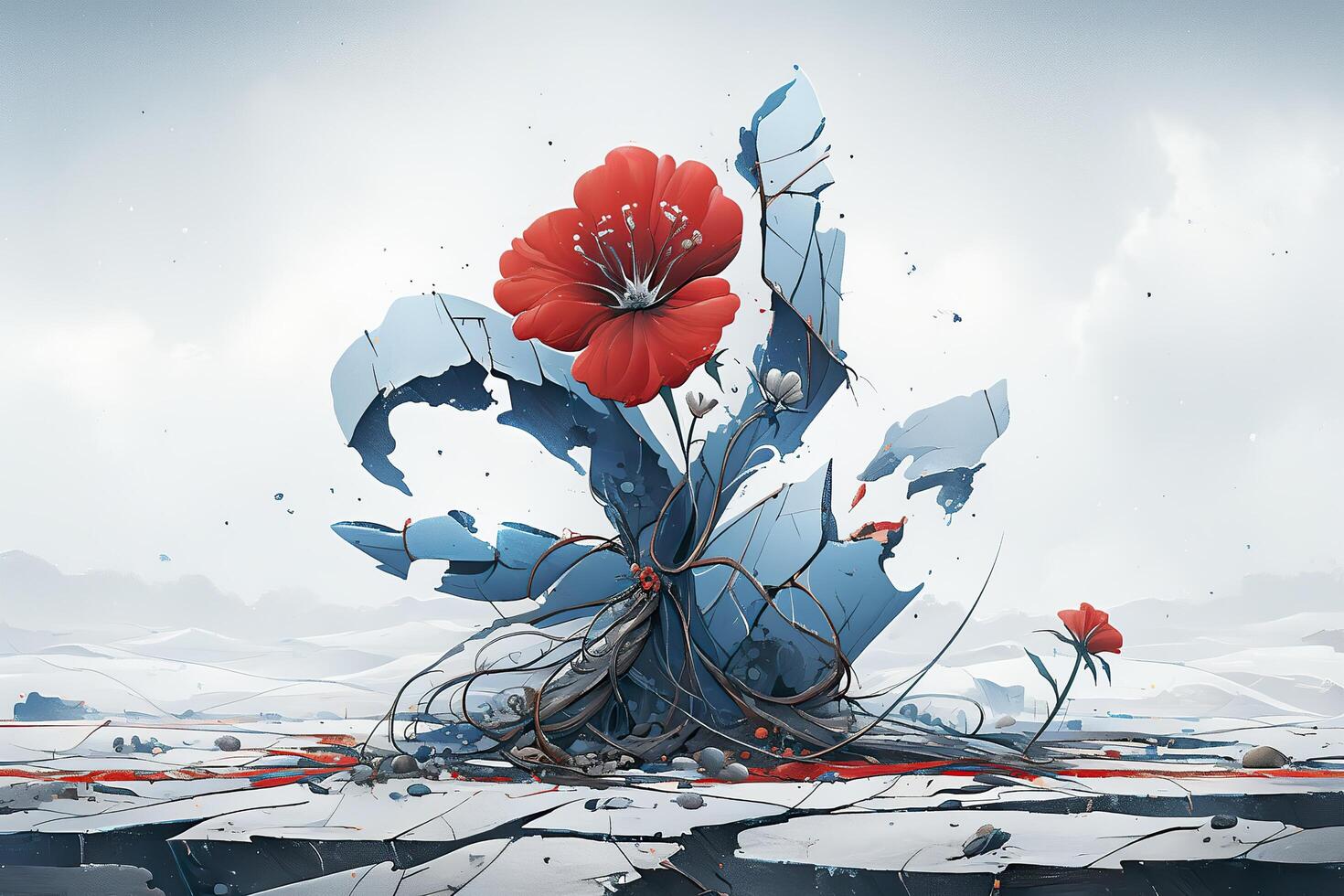 Life and freedom and hope concept , Imagination of surreal scene flower with broken human sculpture, digital artwork illustration. AI Generative photo