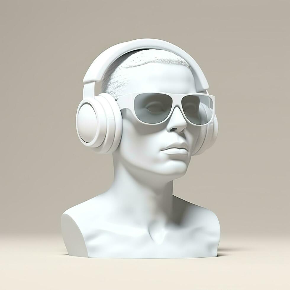 Minimal scene of sunglasses and headphones on human head sculpture, Music concept, 3d rendering. AI Generative photo