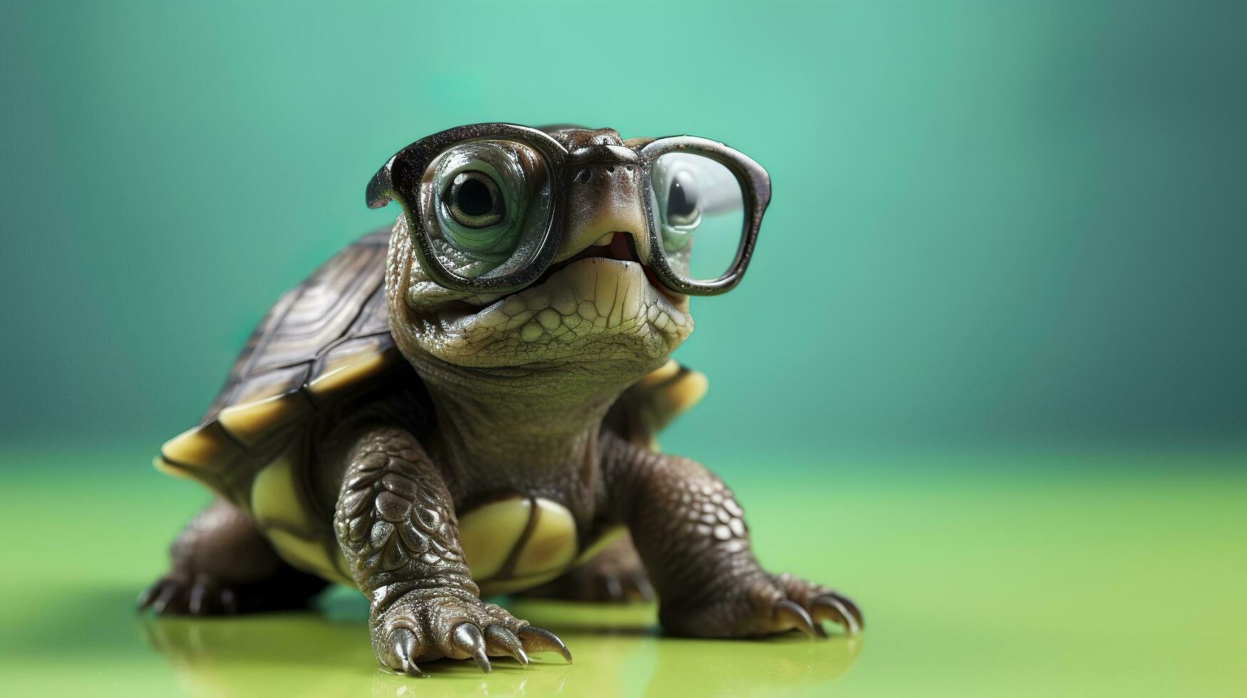 un linda pequeño verde Tortuga con anteojos, generar ai foto
