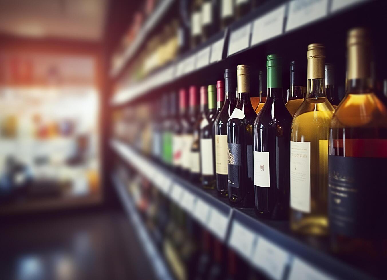 Abstract blur wine bottles on liquor alcohol shelves in supermarket store background. Generative AI photo