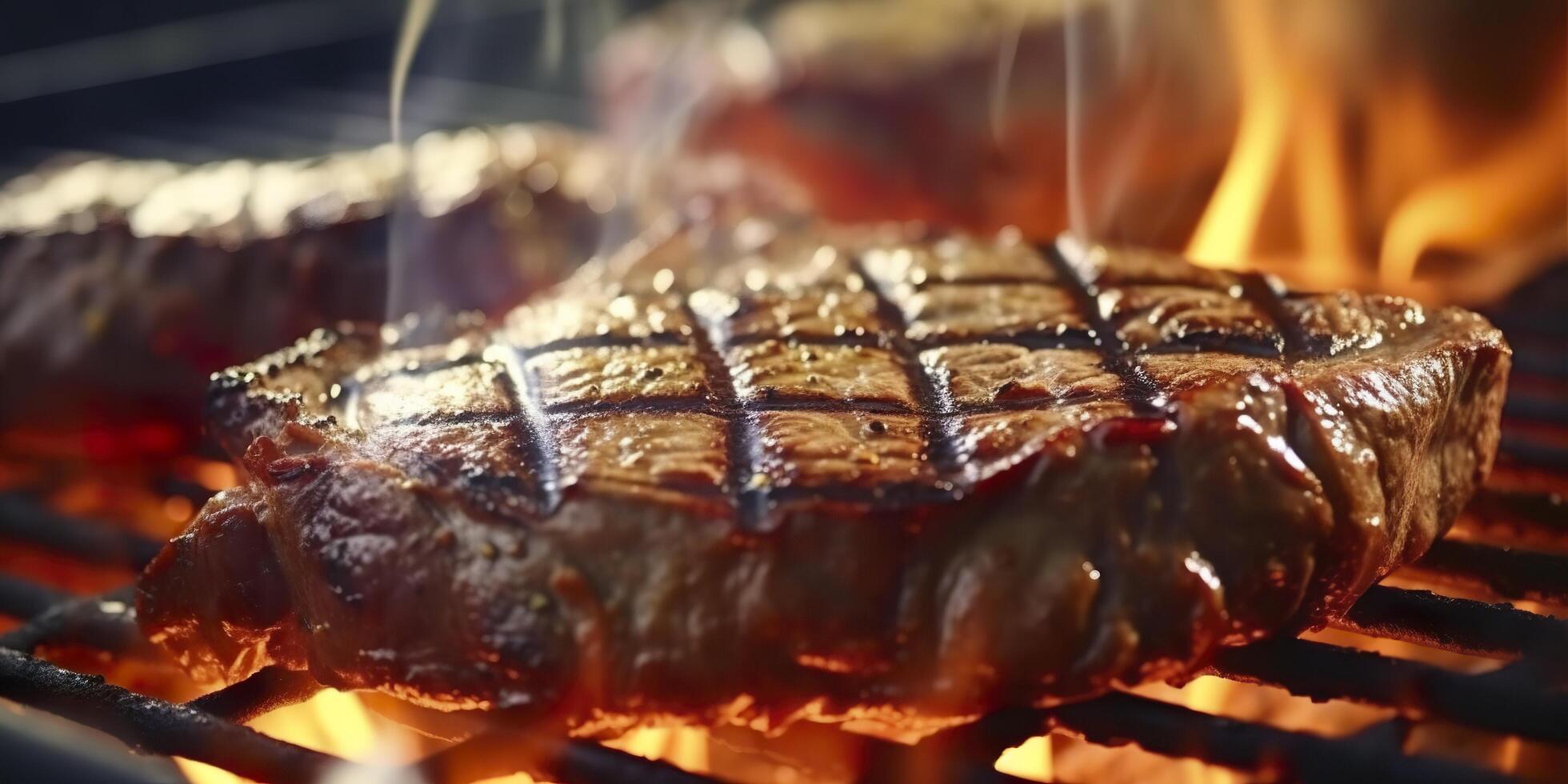 Beef ribeye steak grilling on a flaming grill. Generative AI photo