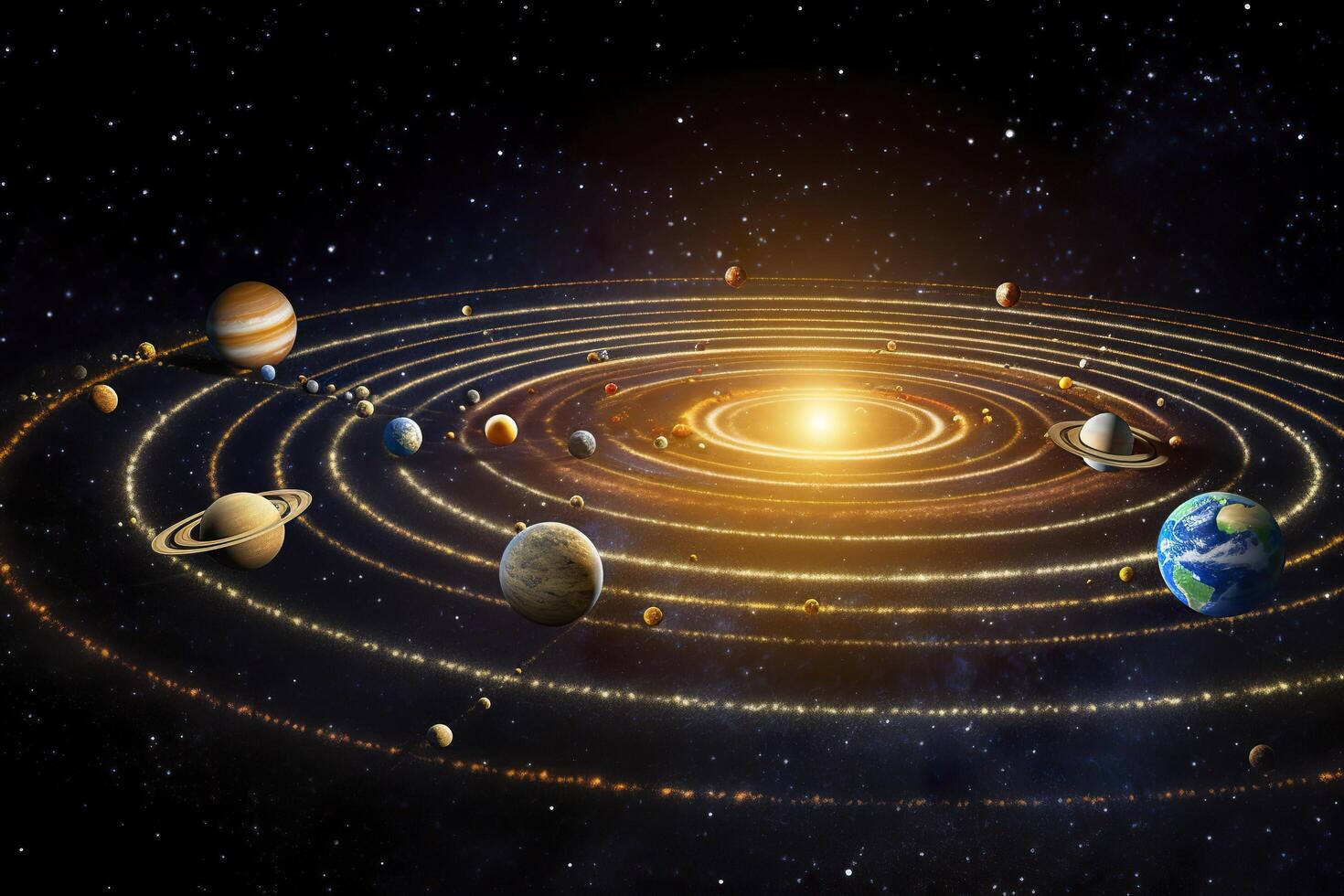 Our 3d Solar system with planets in orbits path. AI Generative photo