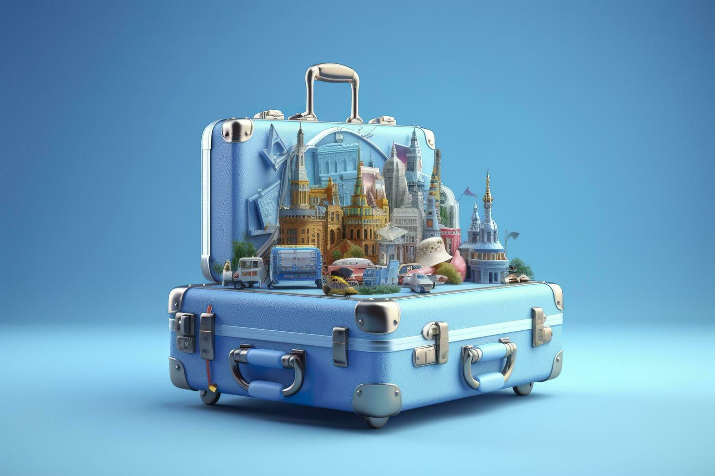 Blue suitcase full of landmarks and travel accessories on blue background. Generative AI photo