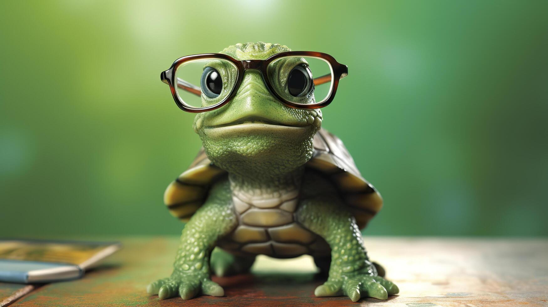 un linda pequeño verde Tortuga con anteojos, generar ai foto