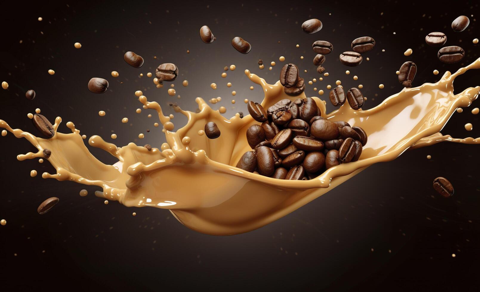 hot liquid coffee splash with Coffee Bean falling, 3d illustration. AI Generated photo