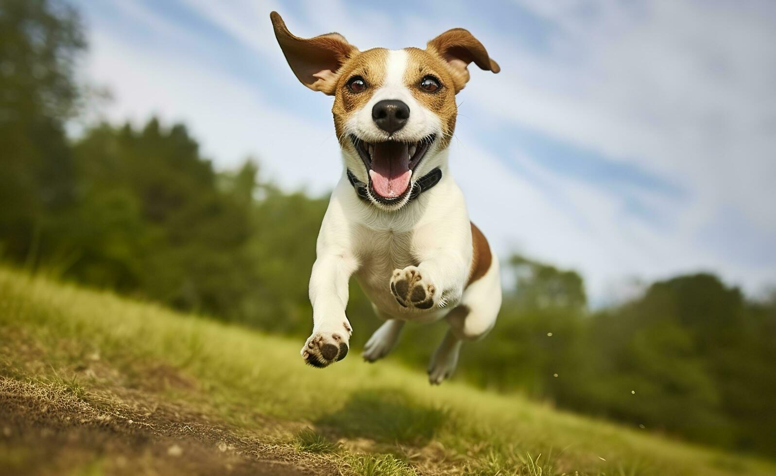 Jack rusia párroco perro correr hacia el cámara bajo ángulo alto velocidad disparo. ai generado foto