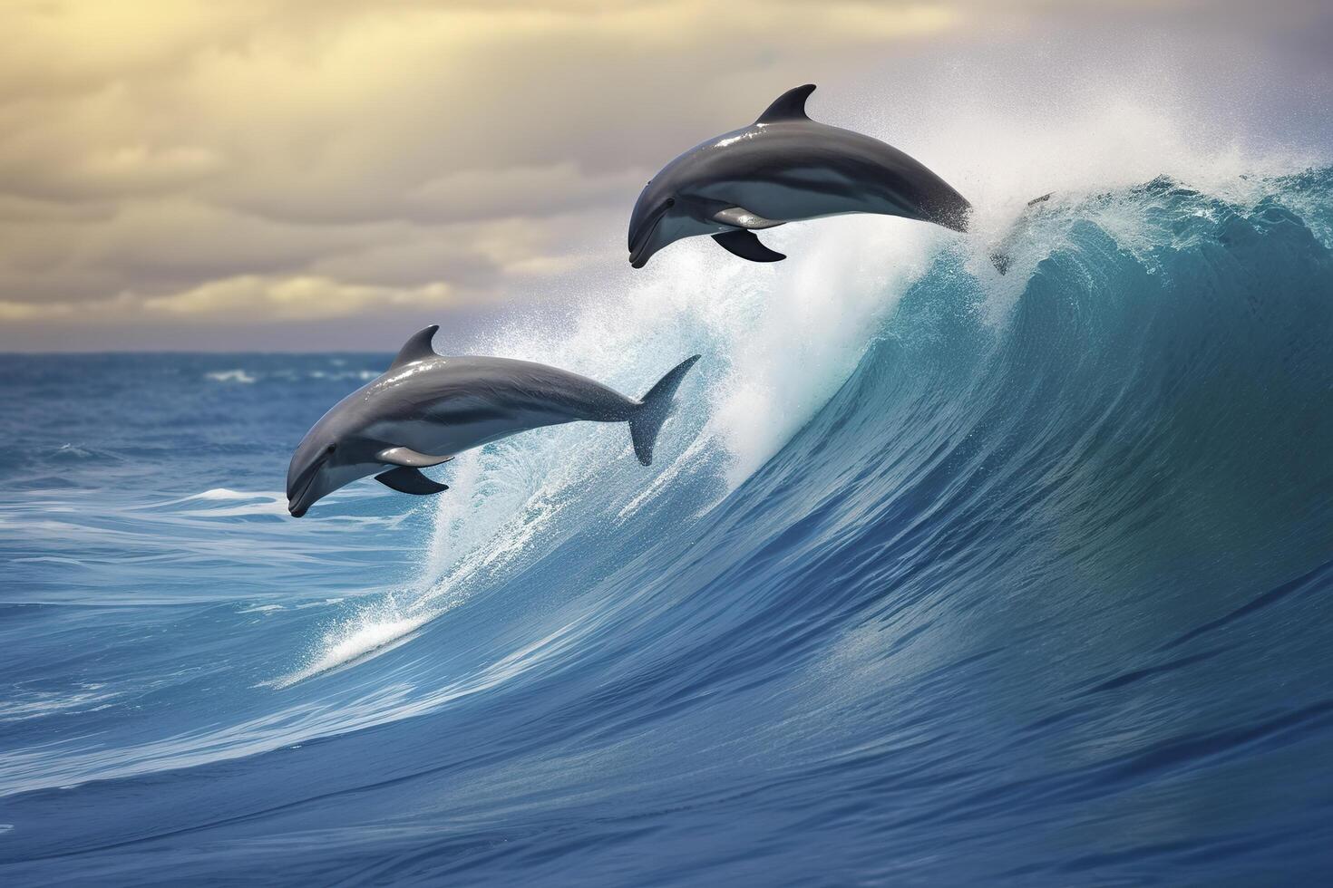 juguetón delfines saltando terminado rotura ondas. Hawai Pacífico Oceano fauna silvestre escenario. generativo ai foto