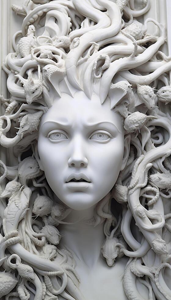 Portrait of cyborg medusa close up carved in marble. AI Generated photo