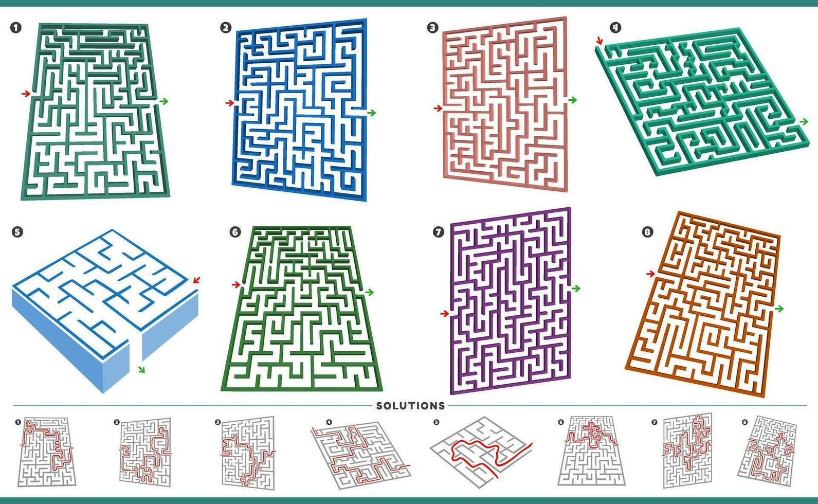 maze puzzle activities graphs set with solutions 31688635 Vector Art at ...