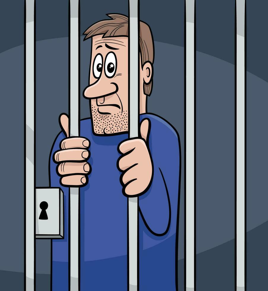 cartoon jailed man behind the prison bars vector