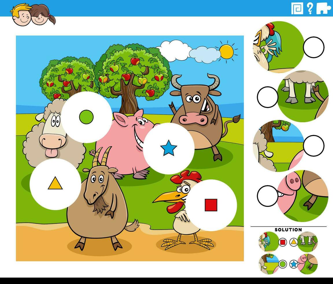 partido el piezas juego con dibujos animados granja animales vector