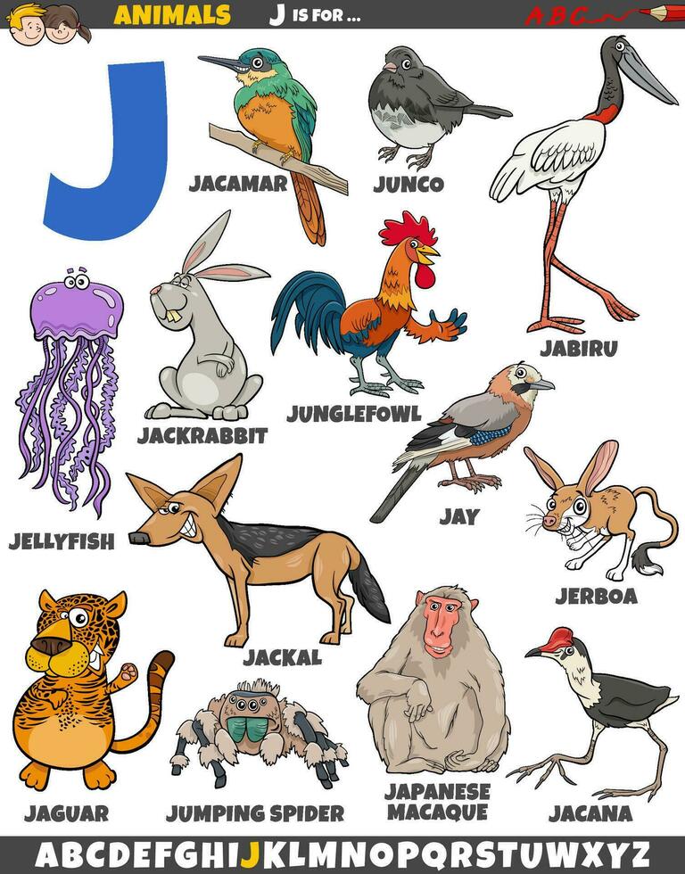 dibujos animados animal caracteres para letra j educativo conjunto vector