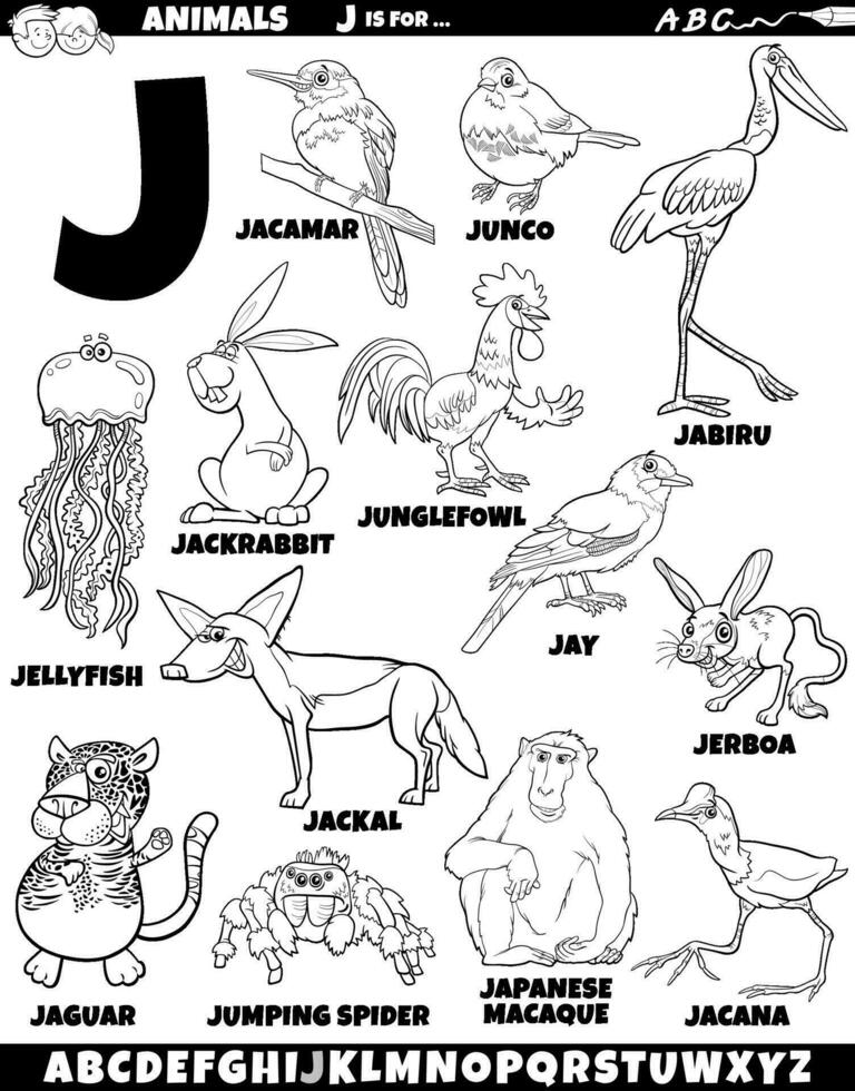 cartoon animal characters for letter J set coloring page vector