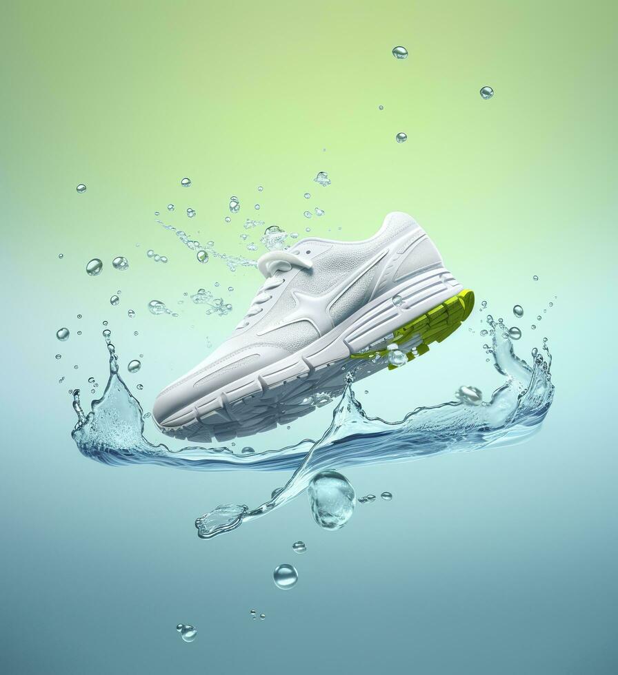 Fresh fly running shoes in water and wind in the style of natural patterns light white and light indigo ethereal illustration light blue and light green delicate still life. AI Generative photo