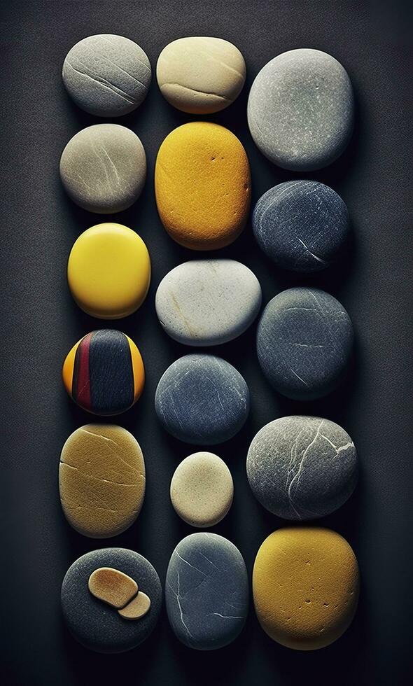 Some colorful stones are displayed, dark navy and yellow, AI Generative photo