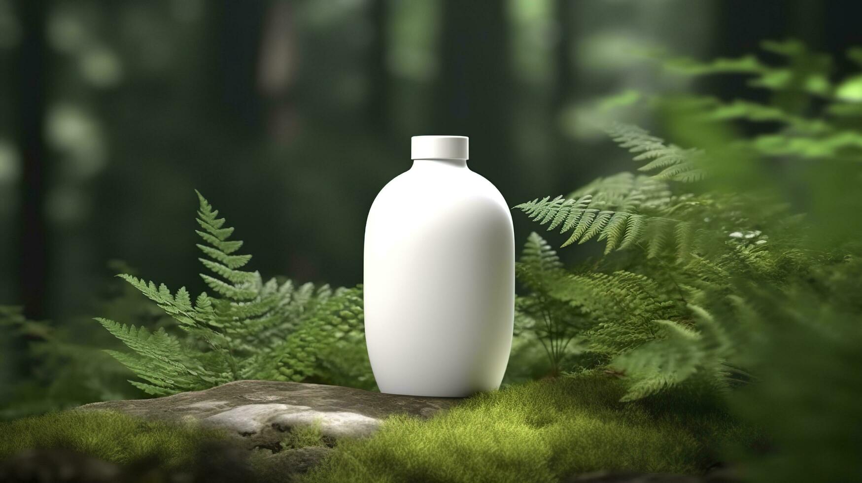 natural cosmetic product presentation backstage. outdoors forest placement. white blank jar shampoo bottle. 3d. AI Generative photo