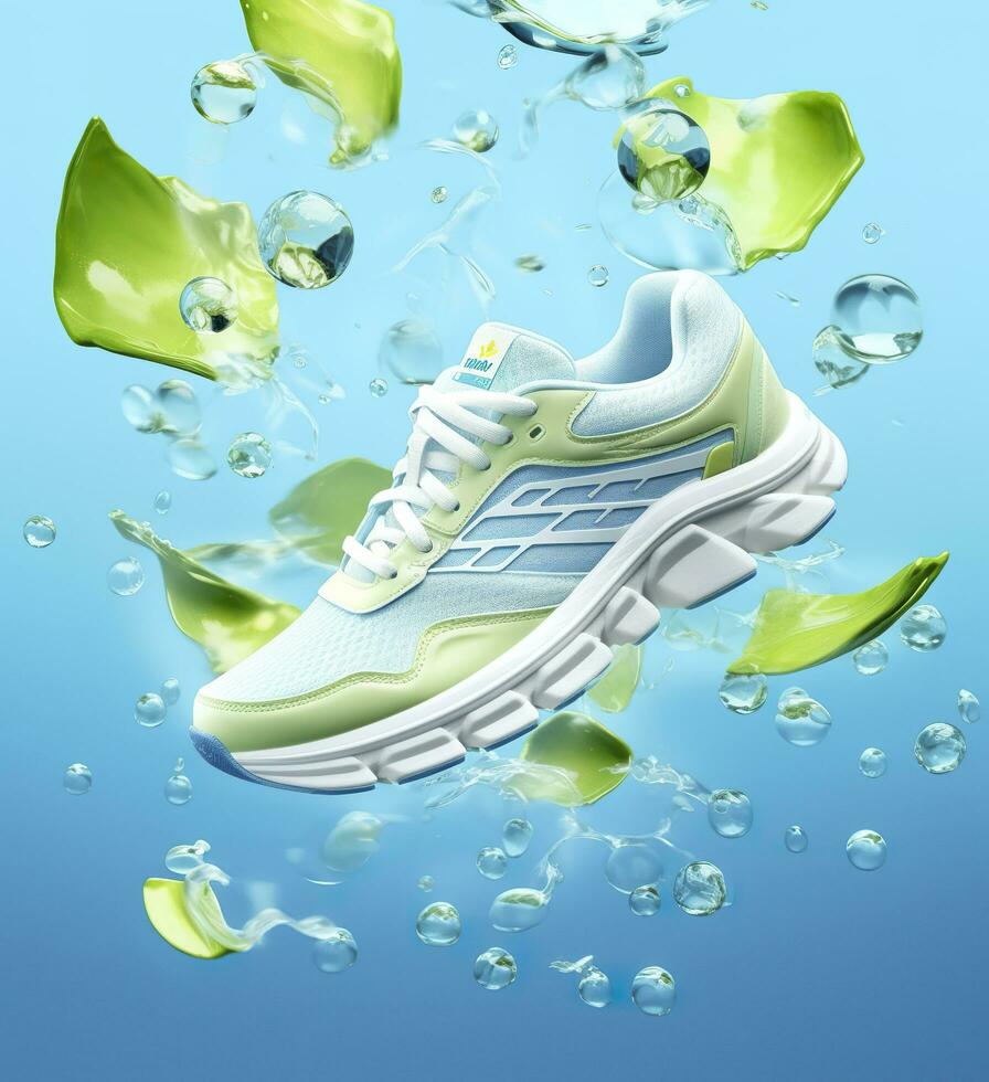 Fresh fly running shoes in water and wind in the style of natural patterns light white and light indigo ethereal illustration light blue and light green delicate still life. AI Generative photo