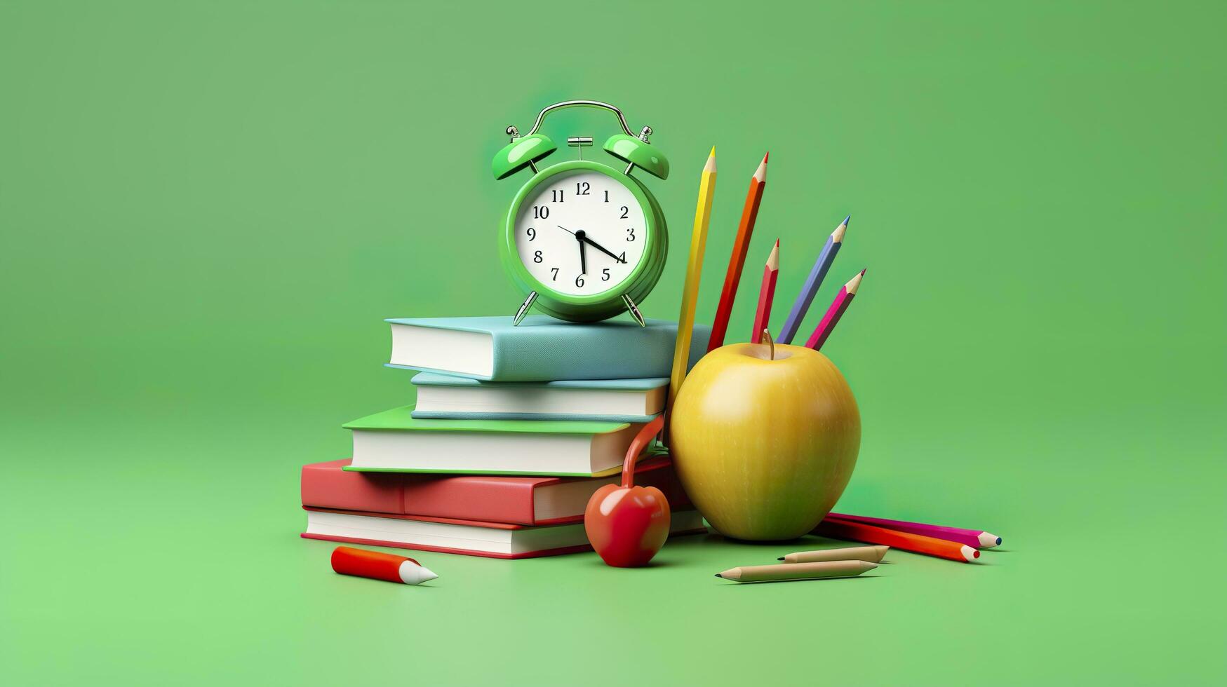 popular Arte ilustración de colegio accesorios con manzanas, libros, y un alarma reloj en el colegio antecedentes. espalda a colegio concepto. 3d representación, ai generativo foto
