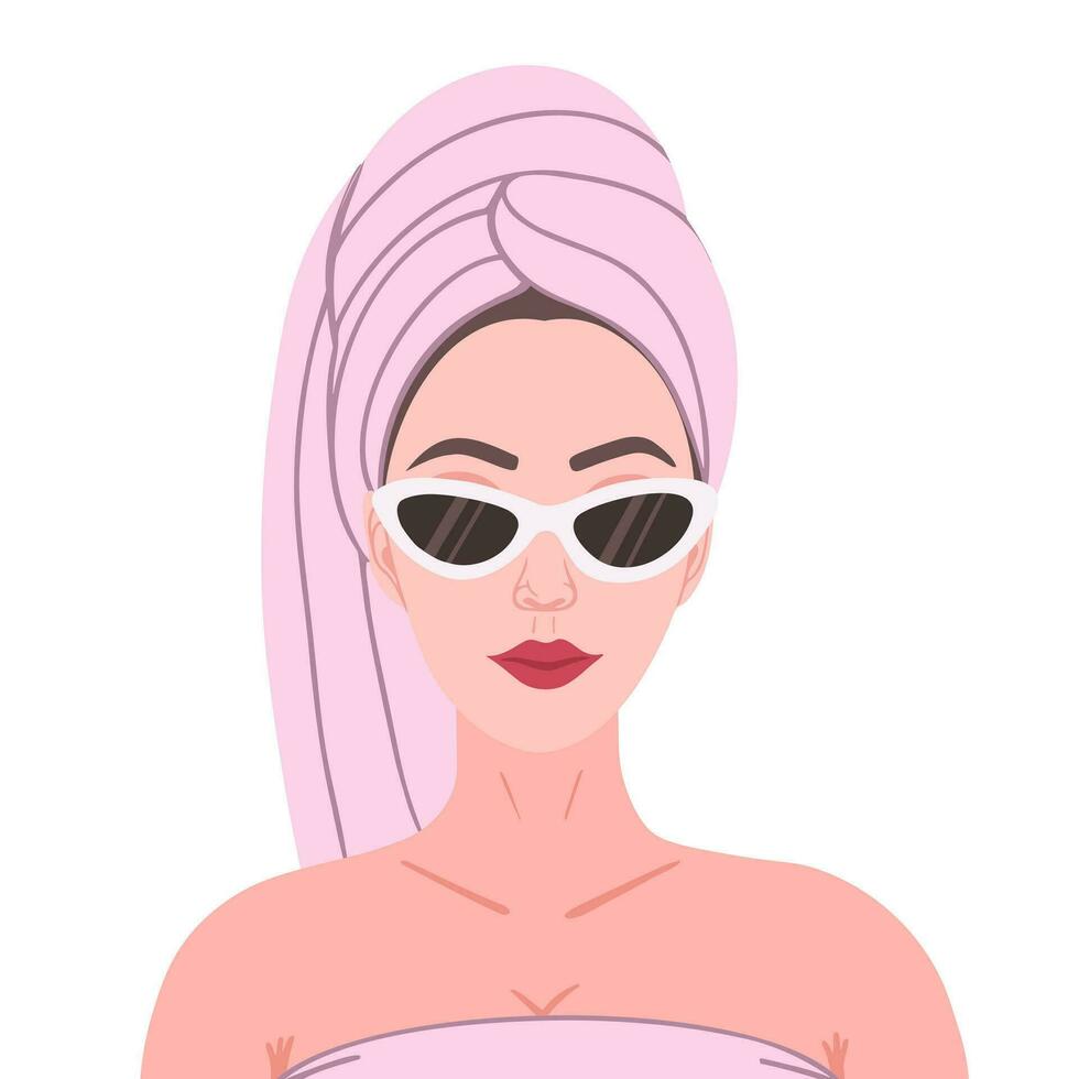 niña en toalla con Gafas de sol. ilustración para impresión, antecedentes, cubre y embalaje. imagen lata ser usado para saludo tarjetas, carteles, pegatinas y textil. aislado en blanco antecedentes. vector