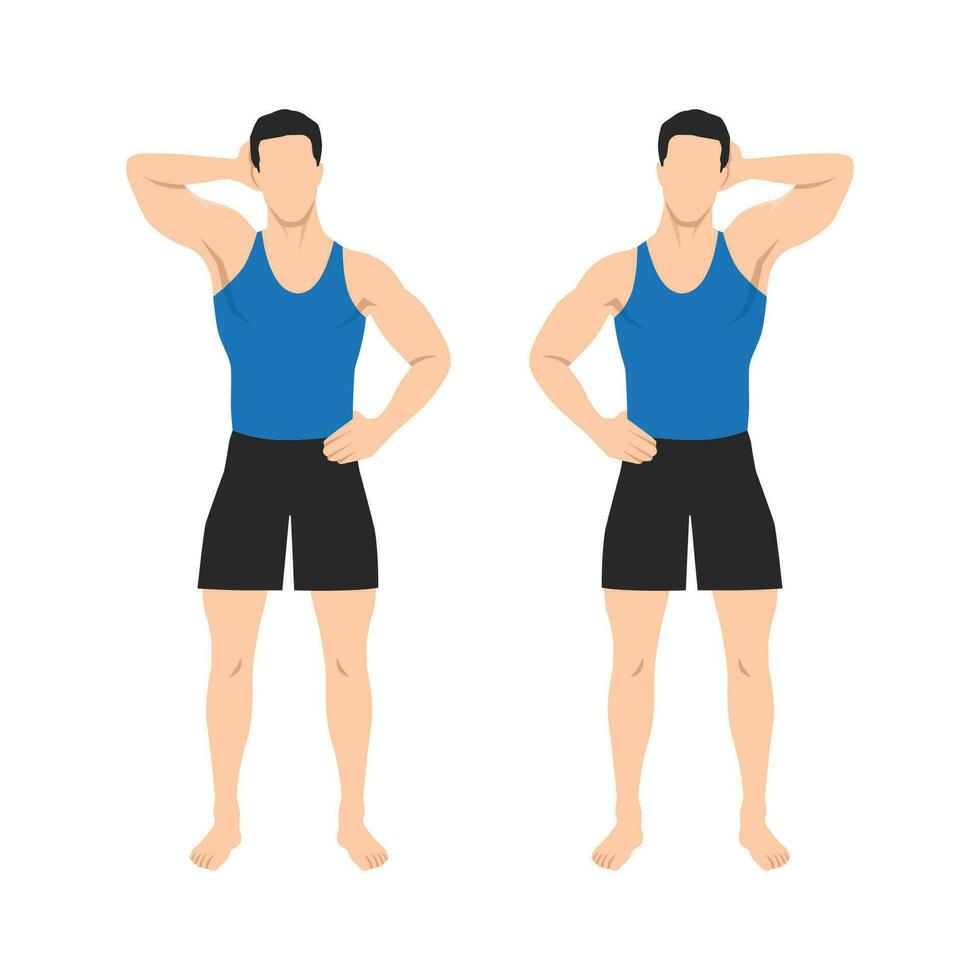 Man doing side push neck stretch exercise while standing. vector