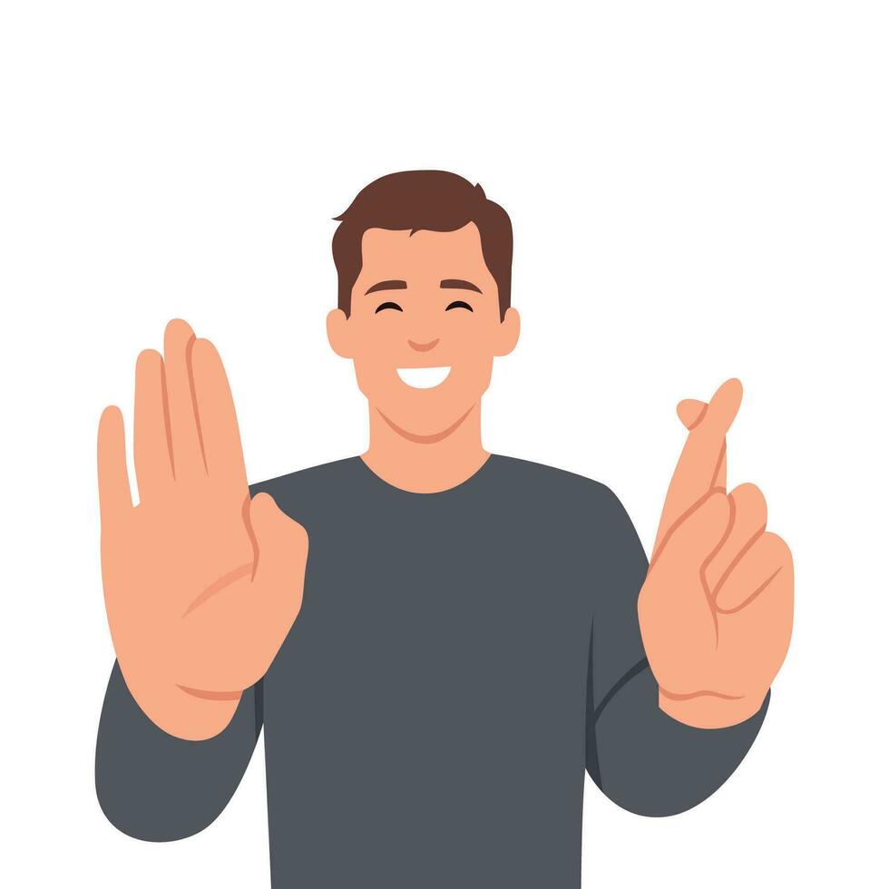 Young crazy man with finger crossed and no gesture. vector