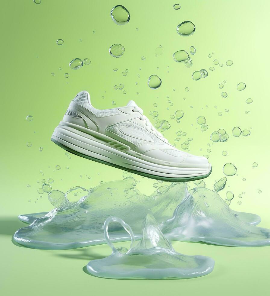 Fresh fly running shoes in water and wind in the style of natural patterns light white and light indigo ethereal illustration light blue and light green delicate still life. AI Generative photo