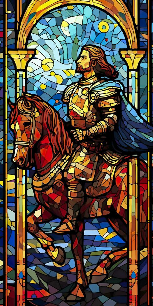 A Knight in Shining Armor. An Illustration of a Mythical Ancient Paladin in Stained Glass Renaissance Fresco Style. AI Generative photo