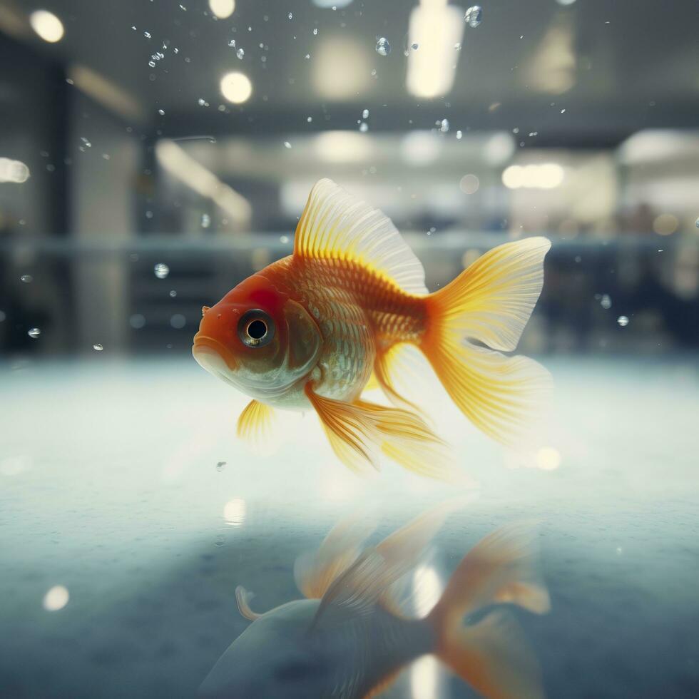 Beautifully colored goldfish swim in the clear aquarium water. 3d animation swimming goldfish.  AI Generative photo