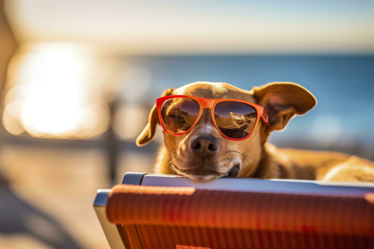 Dog Puppy wearing sunglasses, lying on a sunbed to sunbath at the beach sea on summer vacation, holidays. Funny concept. AI Generative photo