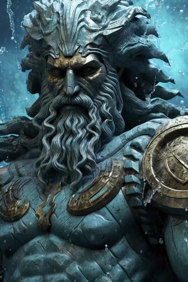 The gods of the sea Zeus god Necronomicon gods of the sea god, futuristic, sci-fi elements, dark bronze and light azure, close up, AI Generative photo