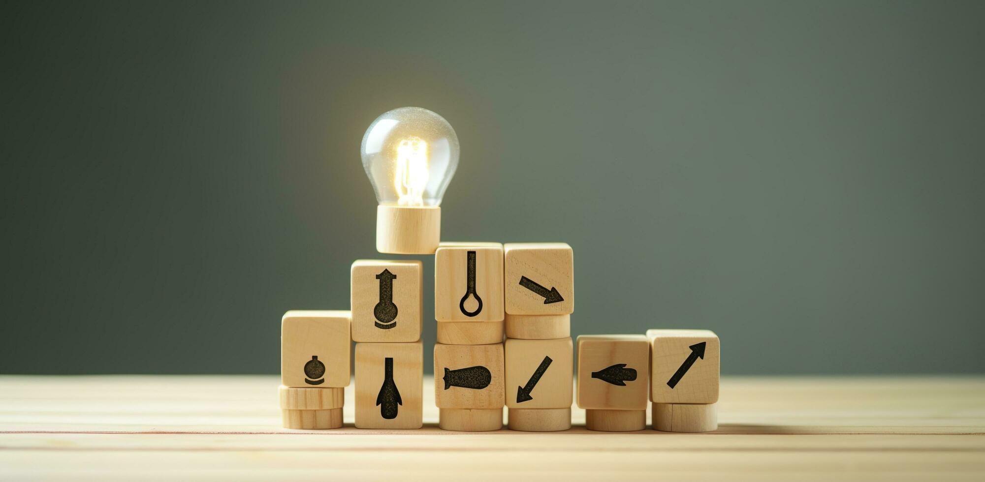 Creative idea, solution and innovation concept. Idea generation for business development. Wooden cube blocks with light bulb and cycle icons on clean background and copy space. AI Generative photo