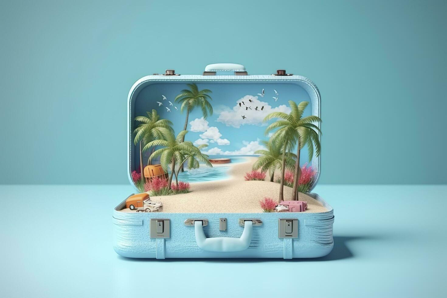 Creative Summer Beach Composition in Suitcase on Blue Background, A Travel Concept Idea in 3D Rendering. AI Generative photo