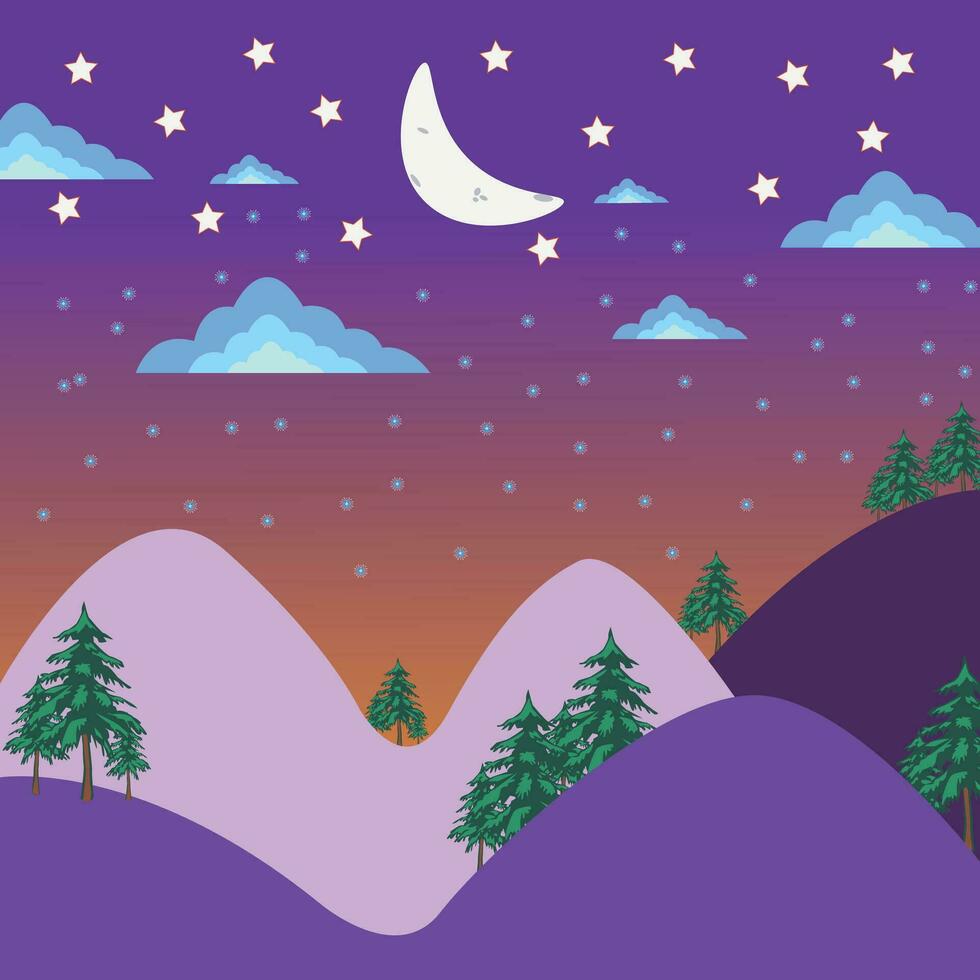 Night Sky Snow Fall With Moon And Star vector