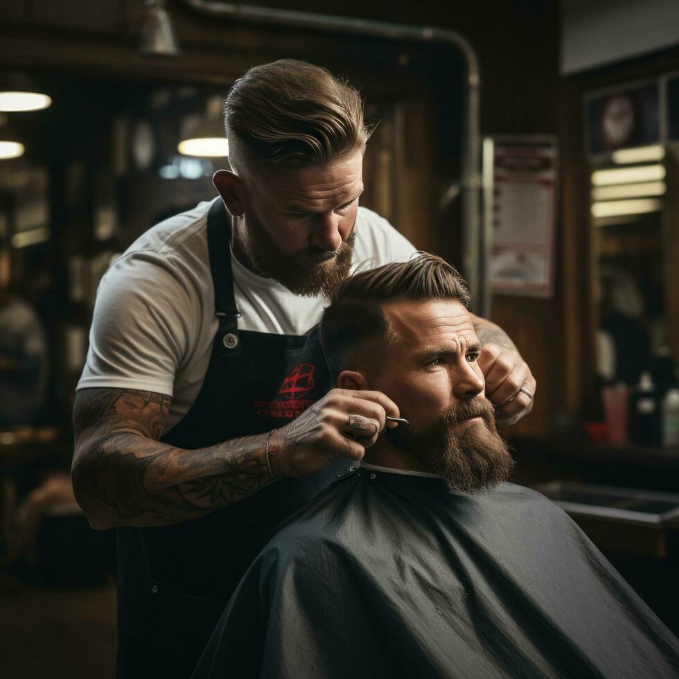 A barber trimming a man's beard with clippers photo