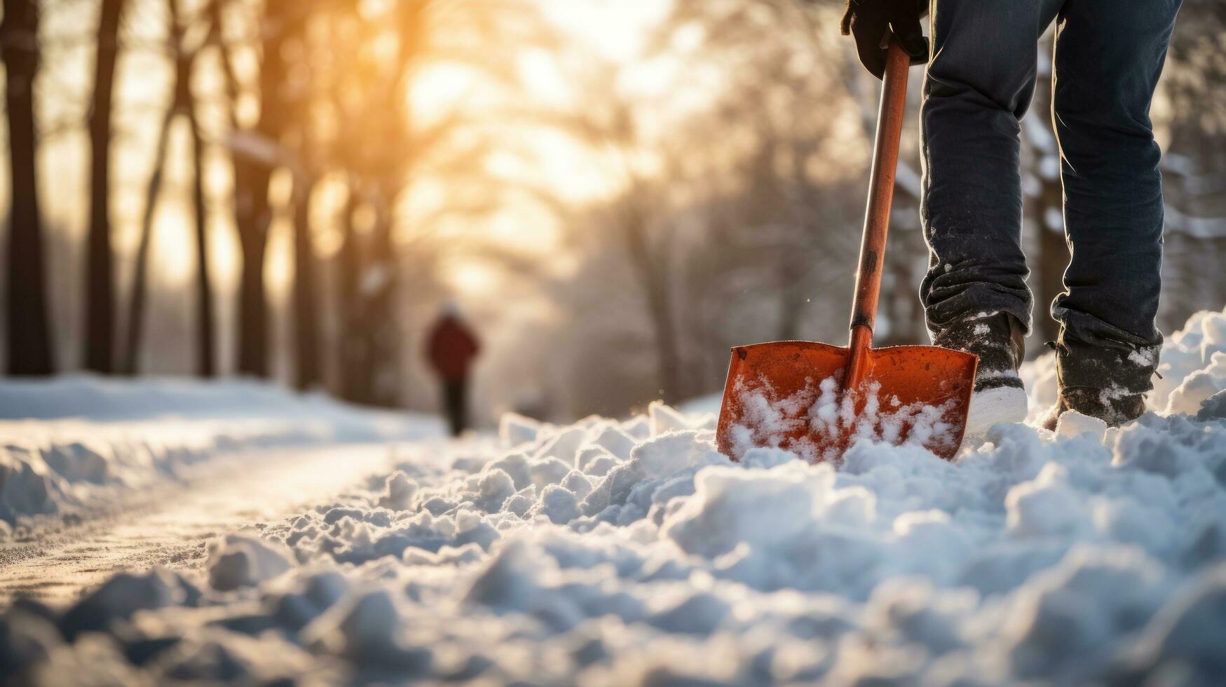 a person using a snow shovel to clear snow photo